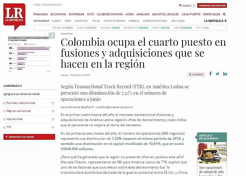 Colombia ocupa el cuarto puesto en fusiones y adquisiciones que se hacen en la regin